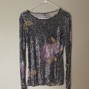 Free People Sequin Long Sleeve Top - Black and Purple